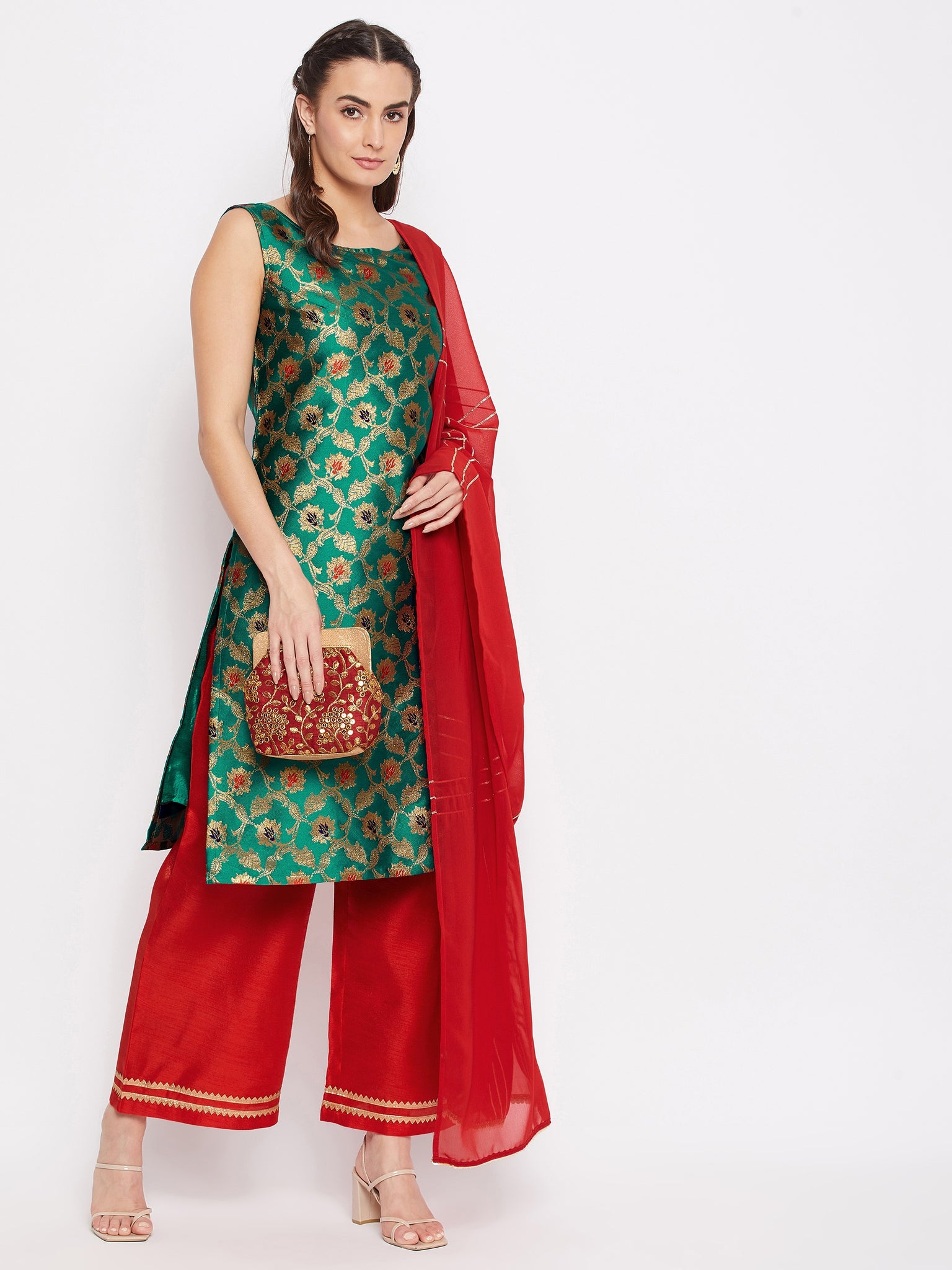 Silk Blend Woven Kurta Palazzo's and Dupatta Set