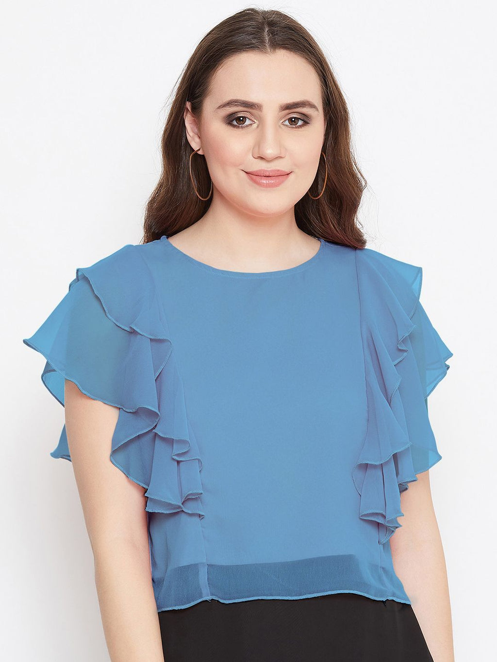 Casual Layered Solid Women Blue Top