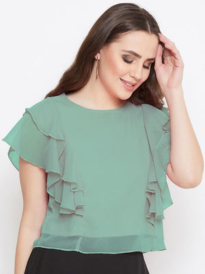 Casual Layered Solid Women Green Top