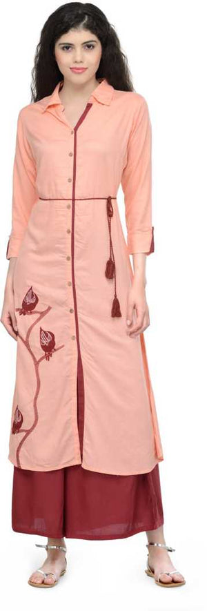 Women Embroidered Cotton Rayon Blend Straight Kurta  (Pink).