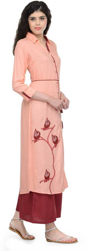 Women Embroidered Cotton Rayon Blend Straight Kurta  (Pink).