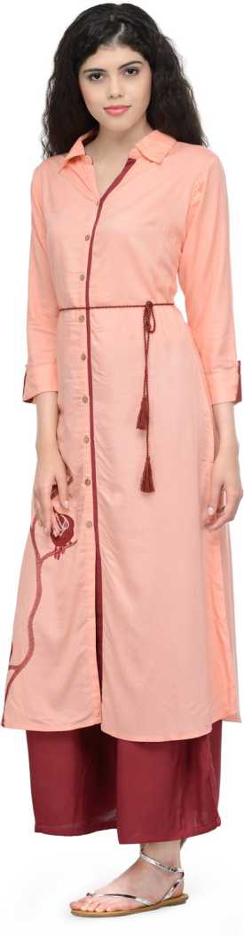 Women Embroidered Cotton Rayon Blend Straight Kurta  (Pink).