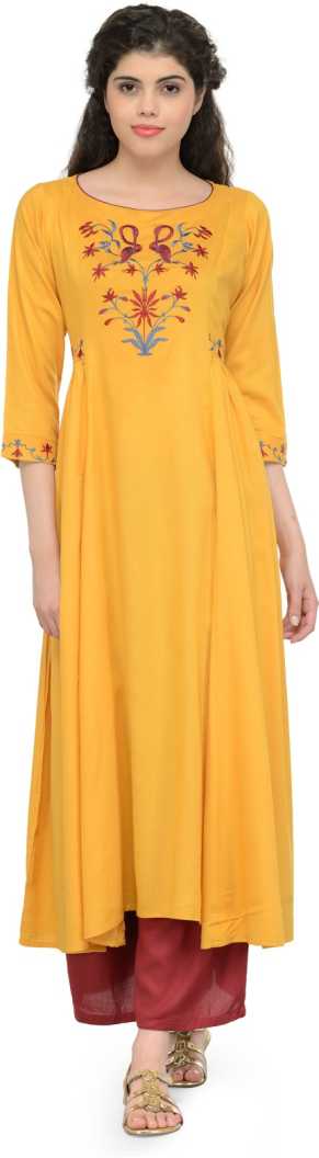 Women Embroidered Cotton Rayon Blend Anarkali Kurta  (Yellow).