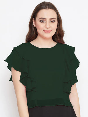 Casual Layered Solid Women Green Top